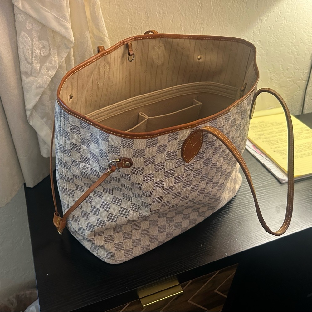 Louis Vuitton Cream Checkered Tote with Tan Trim